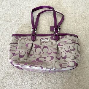 Coach Grey Signature Tote with Purple Trim